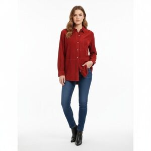 Jones Sport New York Womens Size Large Red Genuine Suede Leather Button Down